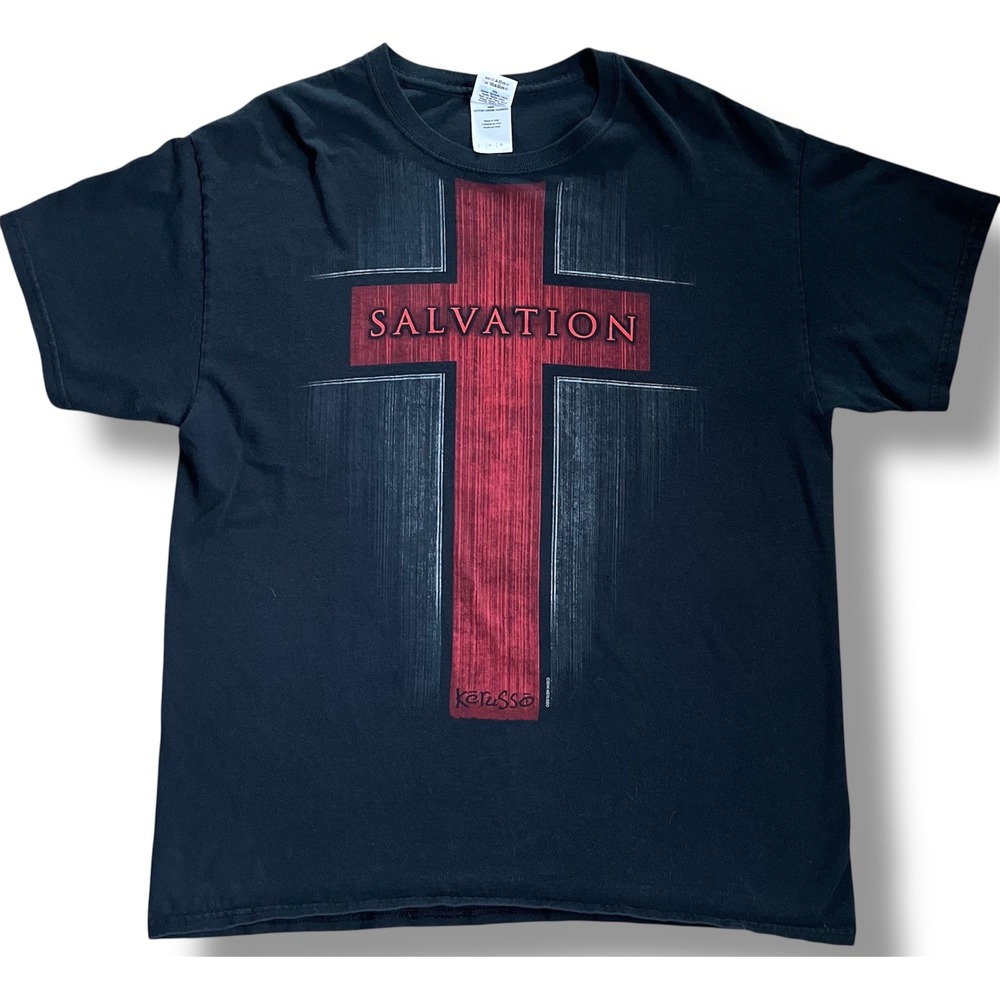 Kerusso Salvation Acts 4:12 Christian T Shirt Mens‎ Large Black Red Cross Jesus